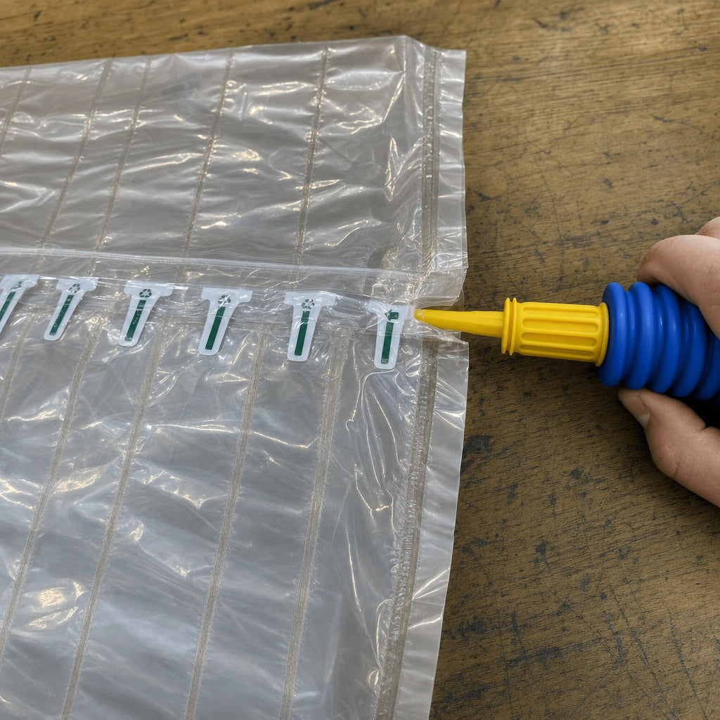 Air Column Bag: where the pump goes, the open end of the valve strip at the bag edge