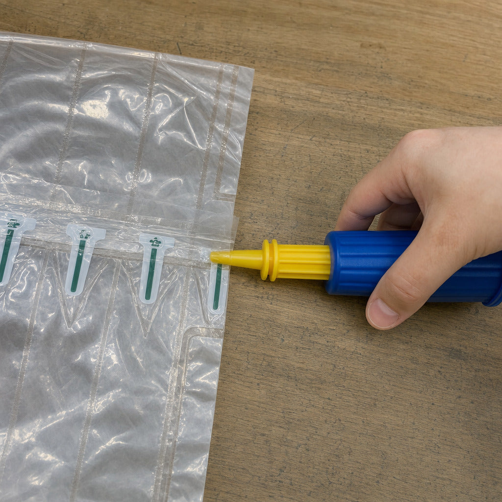 Air Column Bag: where the pump goes, the open end of the valve strip at the bag edge