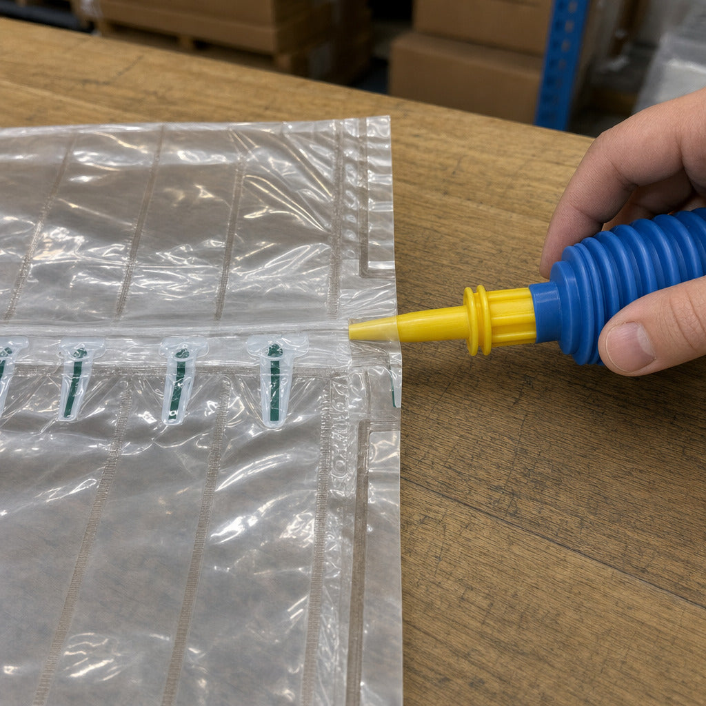 Air Column Bag: where the pump goes, the open end of the valve strip at the bag edge