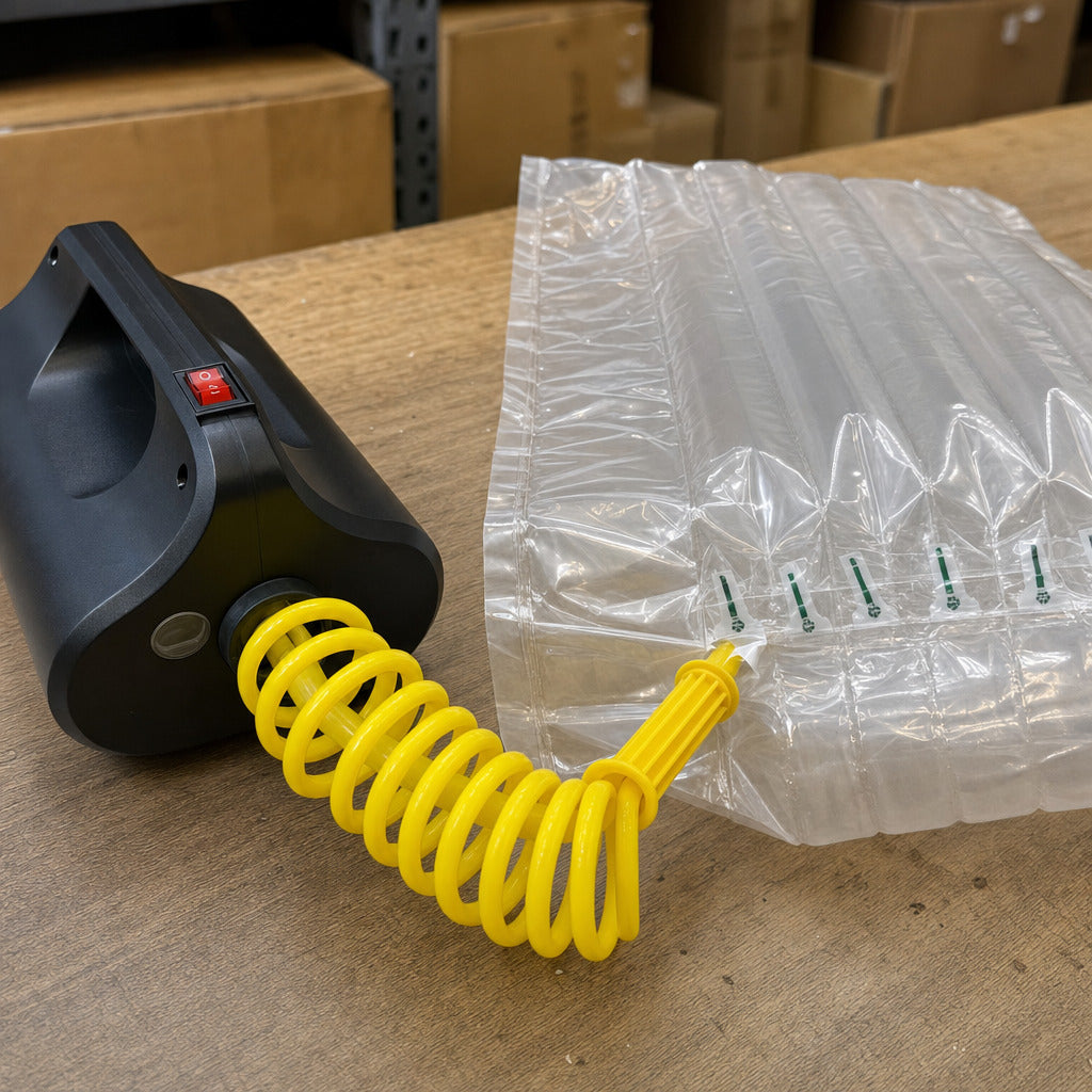 Electric Air Pump: hose nozzle in the open end of the valve strip at the bag edge