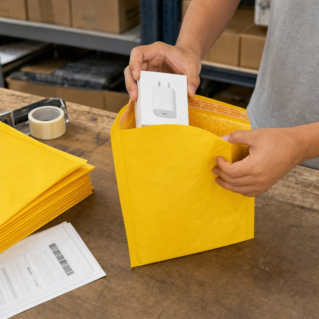 Kraft Bubble Envelopes 18 x 15 cm - 12 Pieces in use on a packing bench