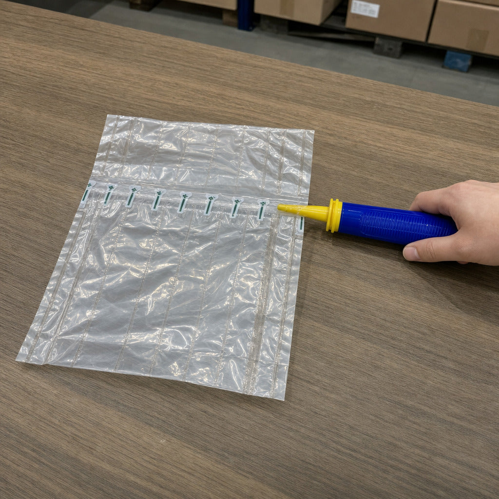 Manual Air Pump: nozzle in the open end of the valve strip at the bag edge