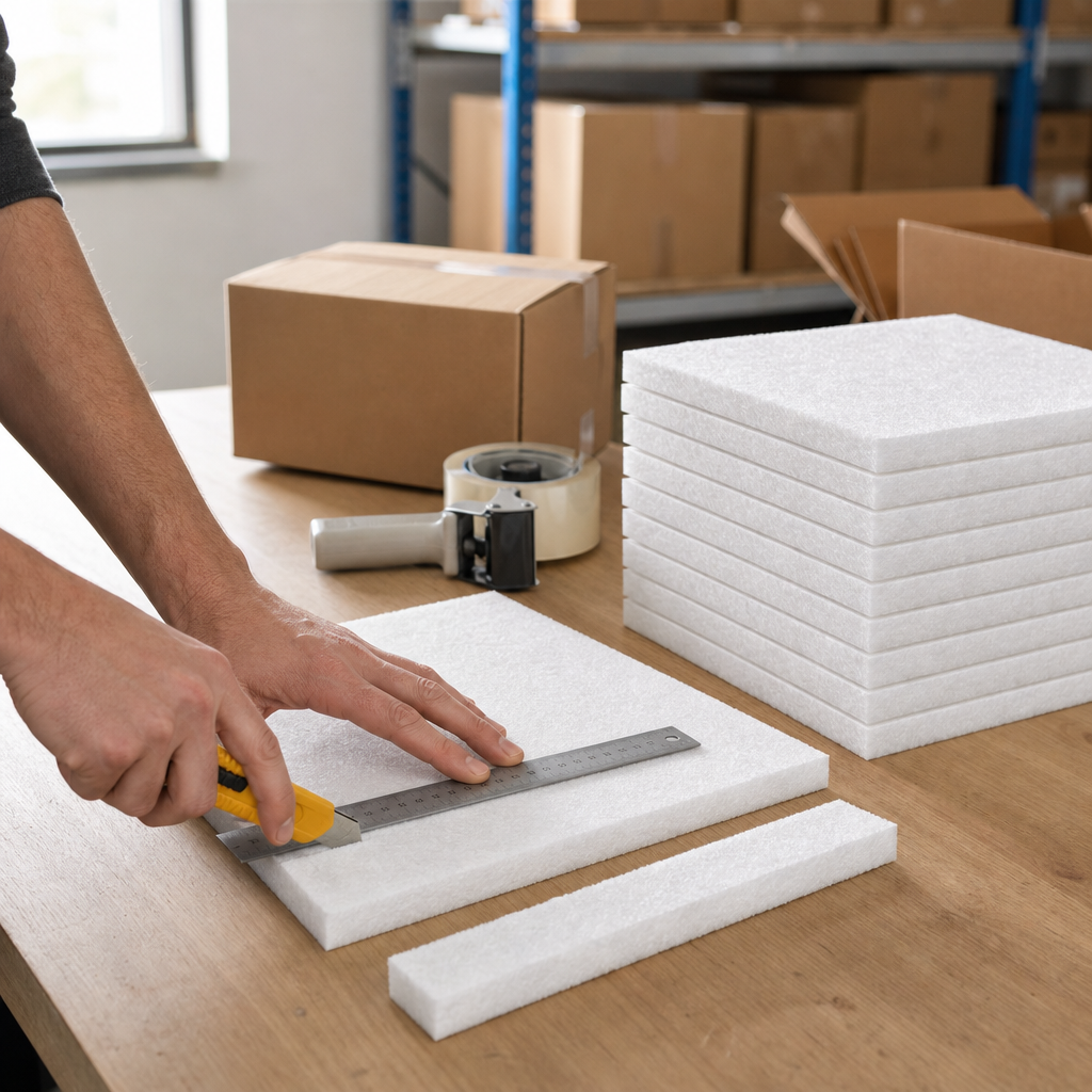 Hands cutting a white foam sheet to size with a utility knife and ruler beside a stack of foam sheets
