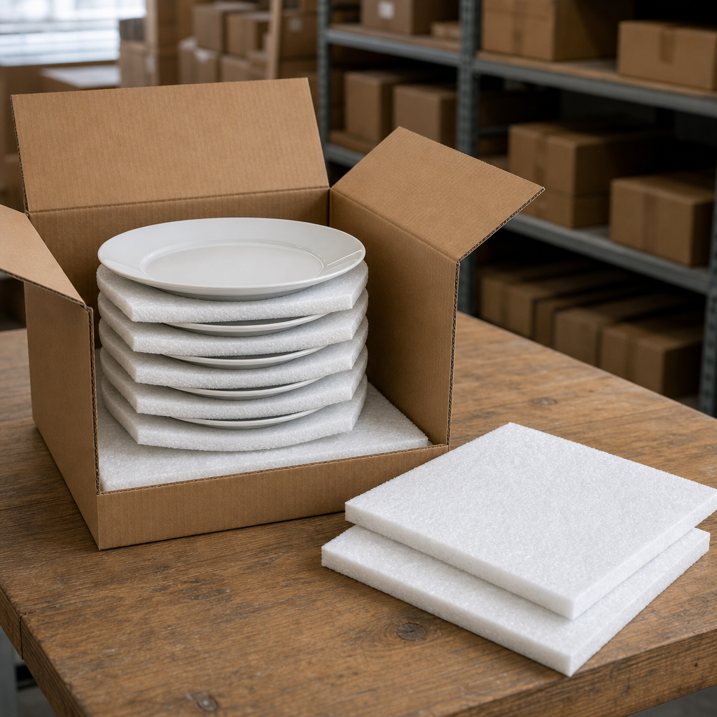 White foam sheets lining a shipping carton and separating stacked ceramic plates on a packing bench