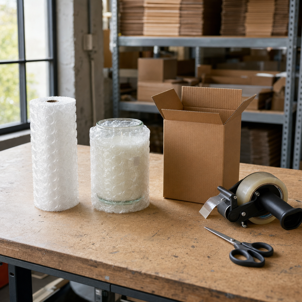 Bubble wrap mini roll on a packing bench