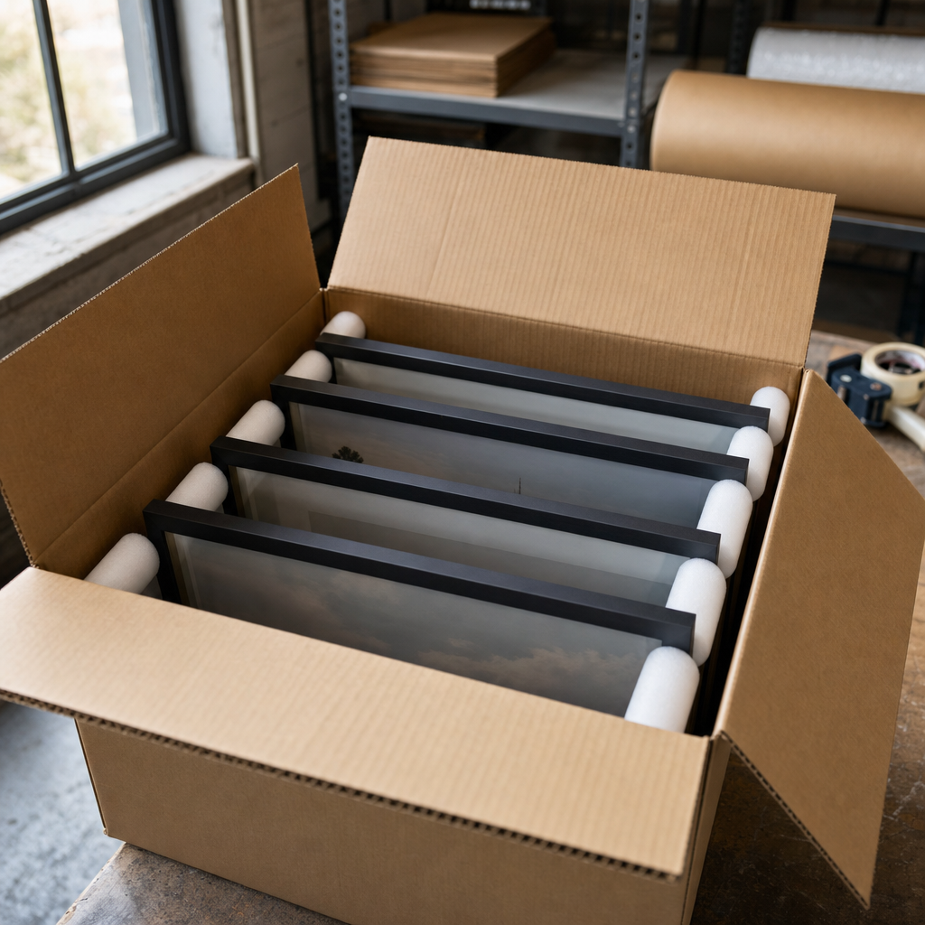Foam rods padding a carton of framed pictures