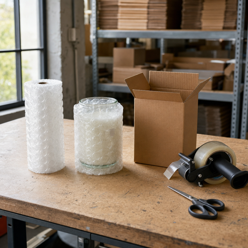 Bubble wrap mini roll on a packing bench with a wrapped candle jar and carton