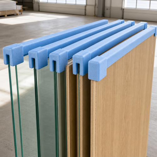 Blue U shaped foam edge protectors capping the top edges of stacked glass and wooden panels